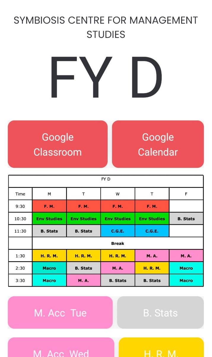 Original SCMS FY D app screen from January 2022, with a weekly timetable and class buttons