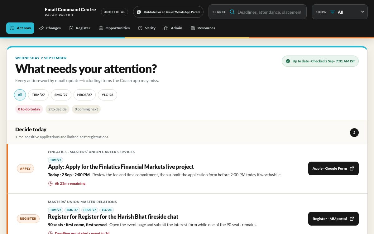Email Command Centre dashboard showing sourced deadlines, verification states and actions