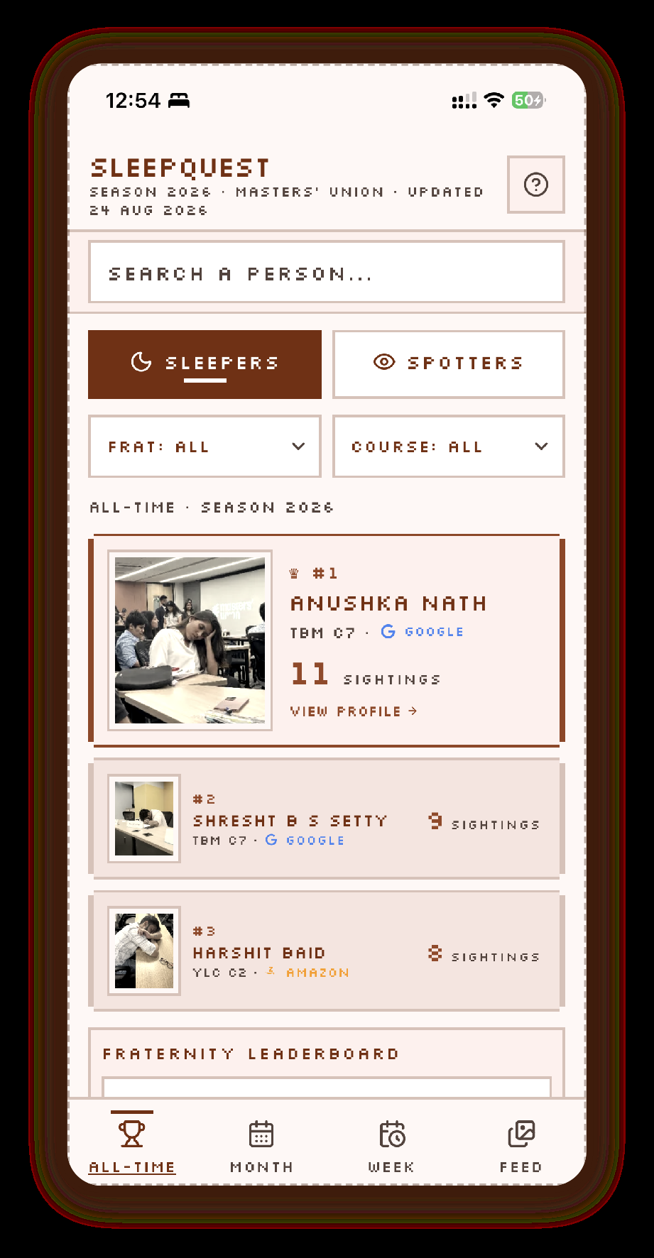 SleepQuest mobile leaderboard showing search, Sleeper and Spotter roles, filters and ranked sightings